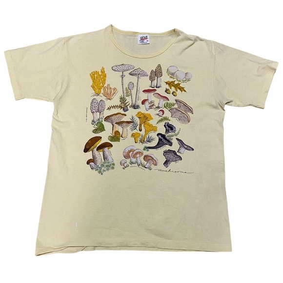 Vintage 1993 Mushroom T-shirt Pale Yellow Mushrooms Anvil Single Stitch USA Rare - Picture 1 of 16